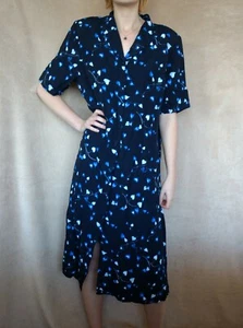1980s Vintage Navy Blue Floral Midi Button Down Tea Dress Size 12 Medium - Picture 1 of 2