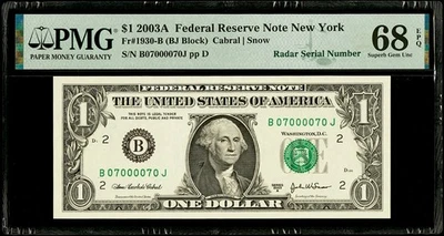 Fancy Radar Serial Number 07000070 PMG 68 EPQ 2003A $1 Dollar Federal Reserve - Image 1 of 2