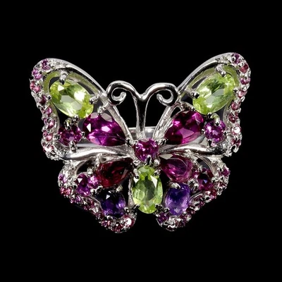 925 Sterling Silver Ring Oval Peridot Amethyst Gemstone Jewelry Butterfly Size 9 - Image 1 of 4