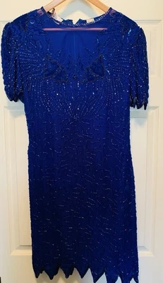 Vestido vintage de lentejuelas Laurence Kazar, azul, cuentas de seda, años 80, talla grande Foto 1 de 4