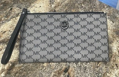 NWOT! MICHAEL KORS FULTON LARGE ZIP CLUTCH - MK MONOGRAM BLACK GRAY - Image 1 of 4