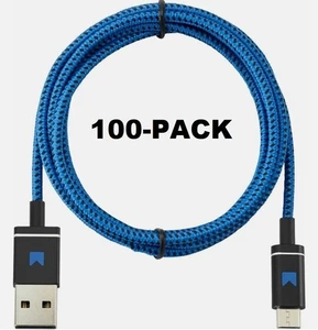 100-Pk Modal 4ft USB Type A-to-MicroUSB Device BLUE/BLACK Braided Cable MD-MMUBB - Picture 1 of 2