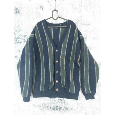 Vtg Structure 100% Wool XL Striped y2K Cardigan Navy Green Cozy Grandpa 90s  - Image 1 of 4