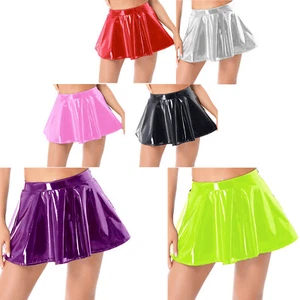 Woman PVC Leather Pleated Mini Skirt Zipper Flare A Line Skater Skirts Clubwear - Picture 1 of 47