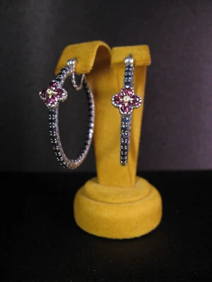 BARBARA BIXBY EARRINGS GEMSTONE HOOPS BLACK SAPPHIRE PINK GARNET FLOWER Gift - Image 1 of 2