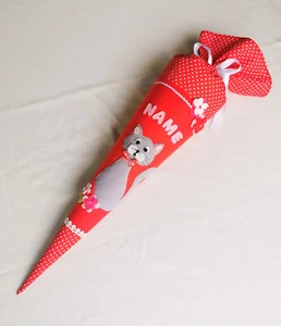 Schultüte Zuckertüte 70 cm Stoff Katze genäht inkl. Papprohling Mädchen rot - Bild 1 von 3