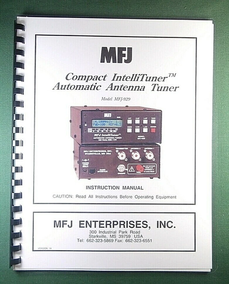MFJ 929 Auto Antenna Tuner Instruction Manual: w/Clear Protective Covers! - Image 1 of 1