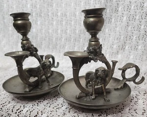 Rare Pair Antique 19th Century Ornate Dog Chamberstick Candle Holder - Picture 1 of 19