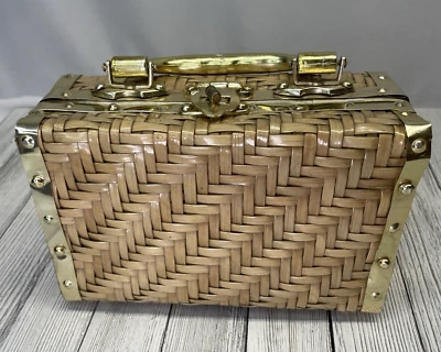 Cartera de Colección Tejido Recubierto de Mimbre Espiga ENCORE Cierre Superior Latón Verano Playa Foto 1 de 4