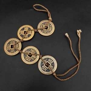 Set monete cinque imperatori stile antico dinastia Qing ciondolo ottone feng shui - Foto 1 di 5