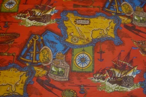 Vtg 3 yds Nautical Fabric Maps Ship Voyage drapery Cotton Red 44" x 108" BTP - Picture 1 of 7