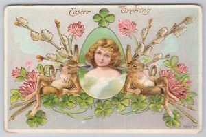 Ostern 2 anthropomorphe Hasen Mädchen im Ei um 1910 DB Postkarte Klee grün rosa - Bild 1 von 3