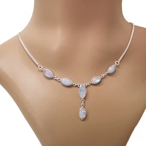 Mondstein Halskette Silber 925 Collier 40cm Kette Cabochon Edelsteine weiß blau - Bild 1 von 5