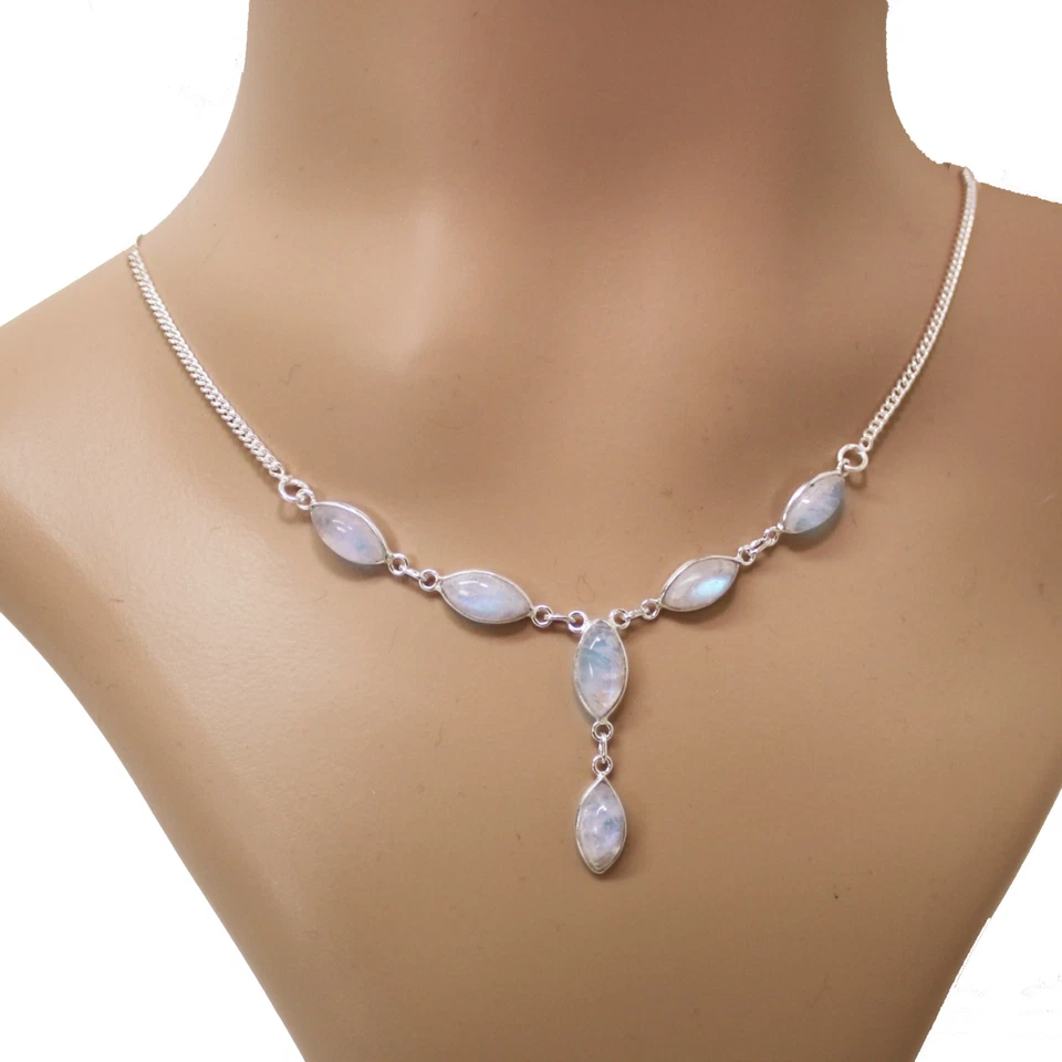 Pietra di Luna Argento Collana 925 Collier 40cm Cabochon Preziose Bianco Blu - Immagine 1 di 4