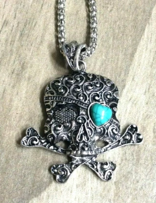 Betsey Johnson Plata Calavera Colgante Corazón Ojo en 20" Collar Cadena Plata ¡Nuevo! Foto 1 de 2