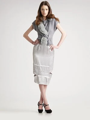 NEW NINA RICCI Paris pencil skirt 42 10 satin with cutouts $1,390 silver runway  - Image 1 of 2