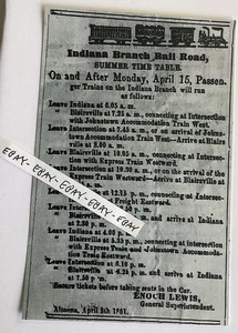 1861 INDIANA COUNTY PA. BRANCH RAILROAD BLAIRSVILLE JOHNSTOWN + TIME TABLE NEW - Picture 1 of 1