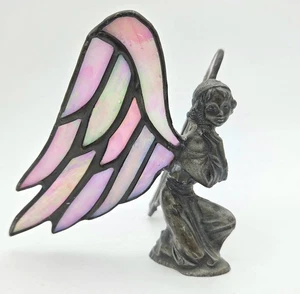 Stained Glass Winged Angel Fairy Vtg Hand Cast Metal Sculpture Opalescent Glass - Picture 1 of 8