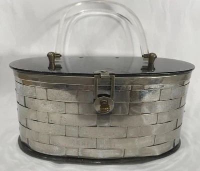 Bolso de Mano Vintage MCM Plateado Tejido Cesta Ovalado con Mango Lucite y Tapa/Base Foto 1 de 4