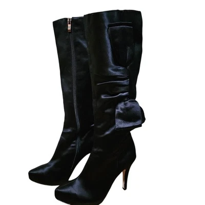 GLINT дизайнерский черный атлас высокий насос ботинки с бантом размер 7,5 М шикарный гламур - Изображение 1 из 4