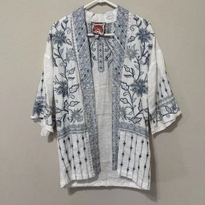 Johnny Was Los Angeles XS Women’s Maike Embroidered Linen Kimono White Blue - Picture 1 of 7