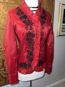 Vintage JACKIE JON rot bestickt schwarz Perlen Top Jacke Gr. 8 STRETCH Blazer - Bild 1 von 12