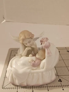 Porcelain Angel Girl and Baby Girl in Bassinet with Pink Bow 2003 Romam Inc - Picture 1 of 7