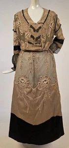 UNUSUAL + ORNATE EARLY EDWARDIAN NET + PRINT DRESS W RICH HAND EMBROIDERY - Picture 1 of 10