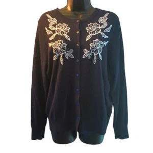 Charter Club Cardigan, Women's size Large, Navy Blue, white floral embroidery  - Picture 1 of 7