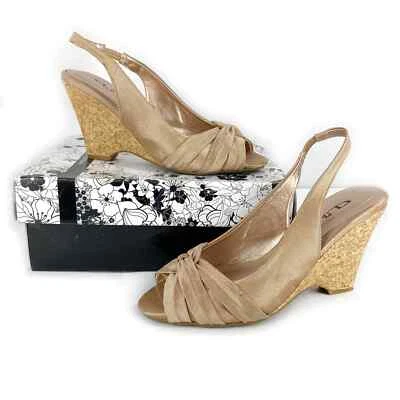 Sandalias de cuña chinas de lavandería Candy Girl oro rosa organza honda peeptoe 7,5 Foto 1 de 4