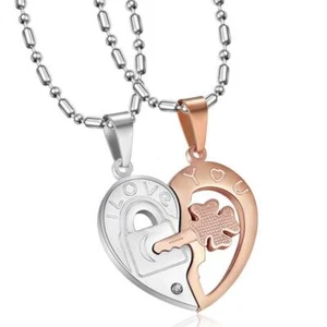 Collarbone Key Heart Shaped Pendant Puzzle Stainless Steel Couple Necklace Chain - Picture 1 of 12