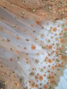 3d Flower Gold Pearls Orange  Mesh Lace Wedding Bridal By The Yard