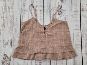 Volcom Tan Plaid Spaghetti Strap Tiered 3-Button Cropped Top Women's L - Picture 1 of 11