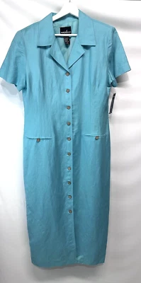 Positive Attitude Petite Blue Linen Midi Dress Short Sleeve Pockets NEW 14P - Image 1 of 4