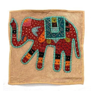 Elephant Burlywood Embroidered Applique Patchwork Cotton Cushion Cover Case Wl - Picture 1 of 4