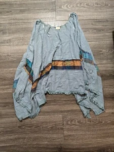 Hyku Blue Cotton Knit Shawl/ Wrap Fringe Hem S Southwest graphic BoHo - Picture 1 of 5