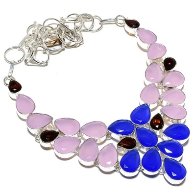 Collar De Joyería De Plata De Ley 925 Hecho A Mano Con Ónix Azul Y Granate 18" - Imagen 1 de 4