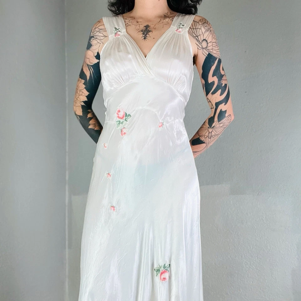 30s 40s Vintage Bias Cut Satin Rose Floral Slip Dress Gown - Image 1 of 4