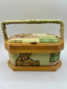 Vintage Sewing Basket wooden w/ Tapestry Fabric, Hinged Lid & Handle 19cmL 13cmW - Picture 1 of 10