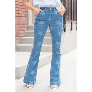 Pantalones de mezclilla boho elásticos acampanados con estampado de estrellas Miss Me de tiro alto 27x24 NUEVO - Imagen 1 de 11