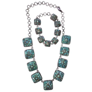 Vintage Turquoise Mosaic Silver Tone (sterling?) Necklace Bracelet Jewelry Set - Picture 1 of 8