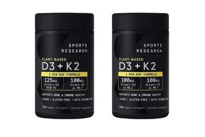 Confezione 2 Sports Research D3 Plus K2 MK-7 160 Capsule Morbide Vegetali 5000iu Vitamina D3 - Foto 1 di 3