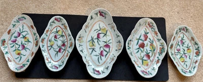 Juego de 5 cuencos antiguos familiares rosas chinas con patas plato flores de frutas porcelana Foto 1 de 4