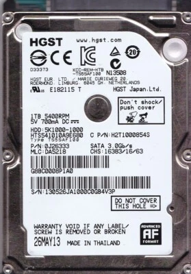  HTS541010A9E680 pn: 0J26333 mlc: DA5218 Thailand 2013 1TB 2.5" SATA HDD  A18-10 - Image 1 of 2