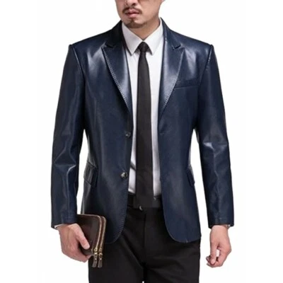 Men's Leather Blazer Genuine Lambskin Blue Blazer Lapel Two Buttoned - Image 1 of 4