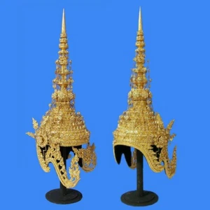 Traditional Thai Dance Headdress Crown Chada Gold Ceremonial Costume Headpiece - Picture 1 of 12