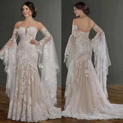 Vestidos de novia de sirena bohemia con campana desmontable manga larga vestidos de novia Foto 1 de 4