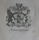 1756 ANTIQUE PRINT FAMILY CREST COAT OF ARMS MASHAM LORD MASHAM