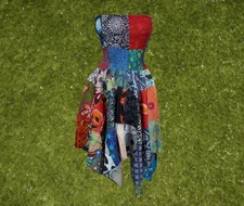 Women’s Strapless Dress Patchwork Sundress, Blue Summer Dress, Hippie Dress S/M