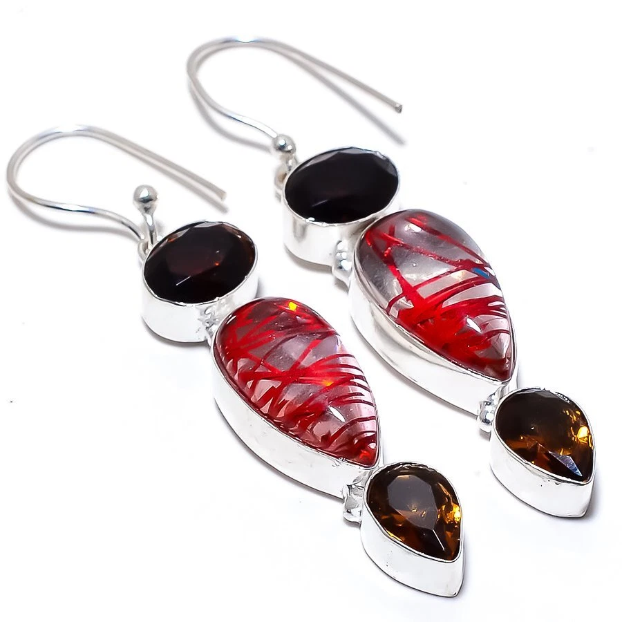Red Rutile Quartz, Smokey Gemstone 925 Silver Jewelry Earring 2.4" R-2448 - Image 1 of 1